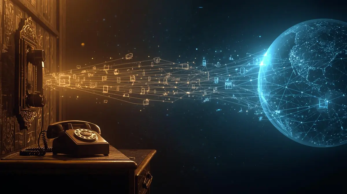 A realistic vintage telephone connected by glowing lines to modern smartphones and digital networks, symbolizing the evolution of communication.