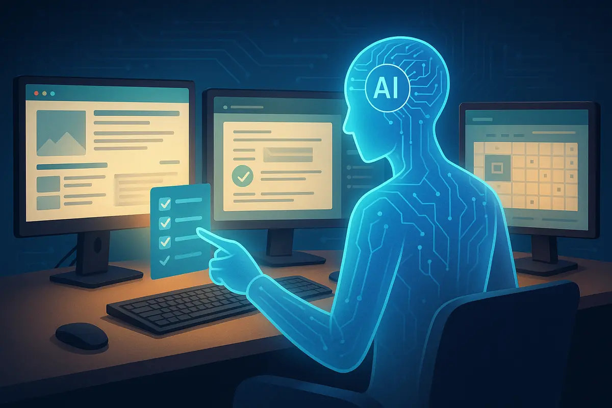 A realistic digital depiction of an AI agent represented as a glowing holographic interface completing online tasks across multiple screens.