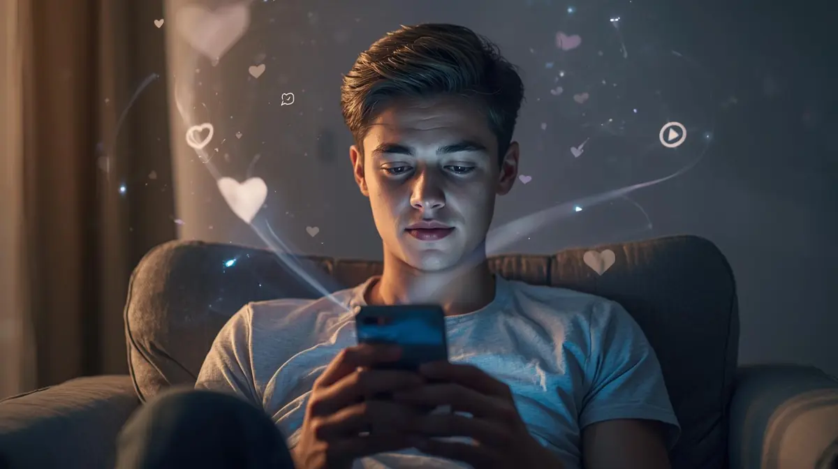 A realistic digital illustration of a person illuminated by a smartphone while abstract data streams and algorithm symbols surround them in the dark.