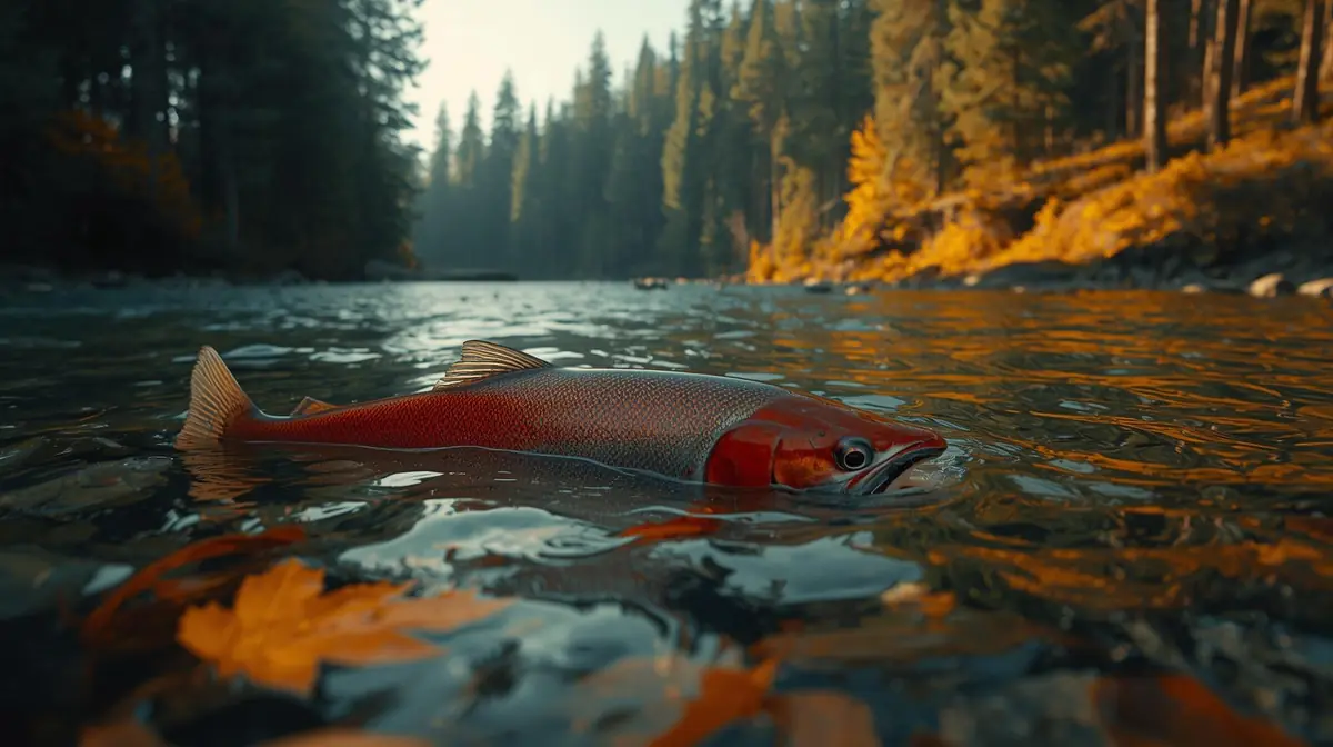 A Pacific salmon resting on a mossy riverbank surrounded by dense autumn forest