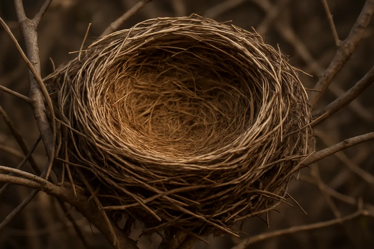 A realistic close-up of a bird’s nest woven from twigs and grass, showing intricate natural engineering.