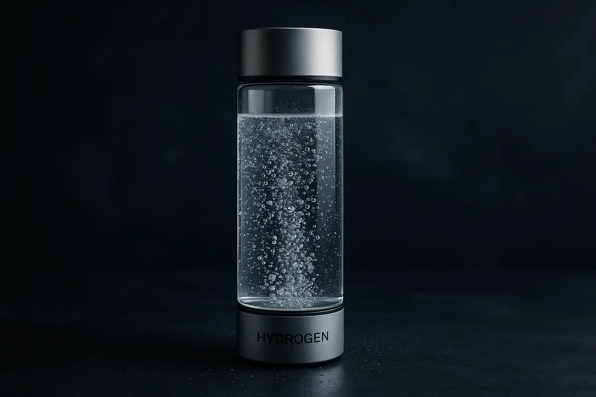 A realistic photo of a sleek hydrogen water bottle releasing bubbles into clear water on a dark background, symbolizing modern hydration and wellness.