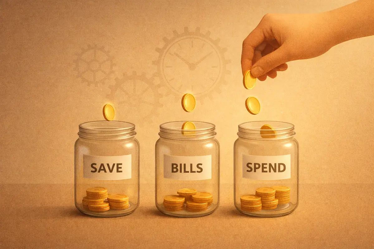 A minimalist illustration of three jars labeled Save, Bills, Spend with coins dropping into each, symbolizing a simple automated anti-budget system.