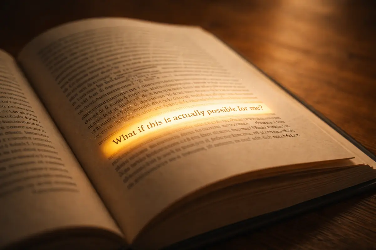 A realistic close-up of a book with one sentence highlighted in bright light while the rest of the page fades softly into shadow, symbolising a powerful idea.