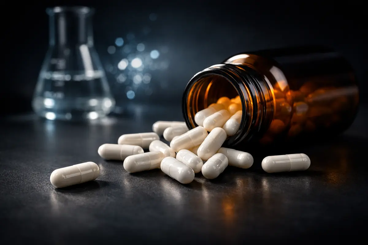 A realistic close-up of white NAC capsules spilling from a supplement bottle onto a dark surface.
