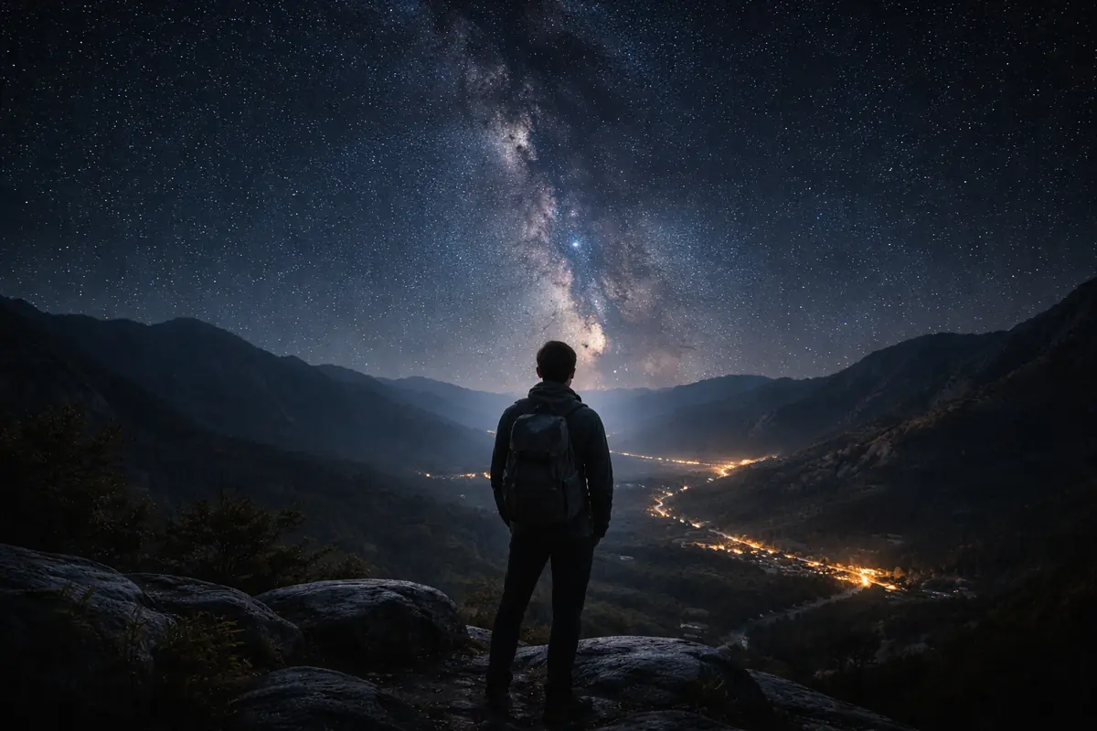 A photorealistic traveler under a star-filled sky beside a quiet landscape, capturing the appeal of after-dark travel.