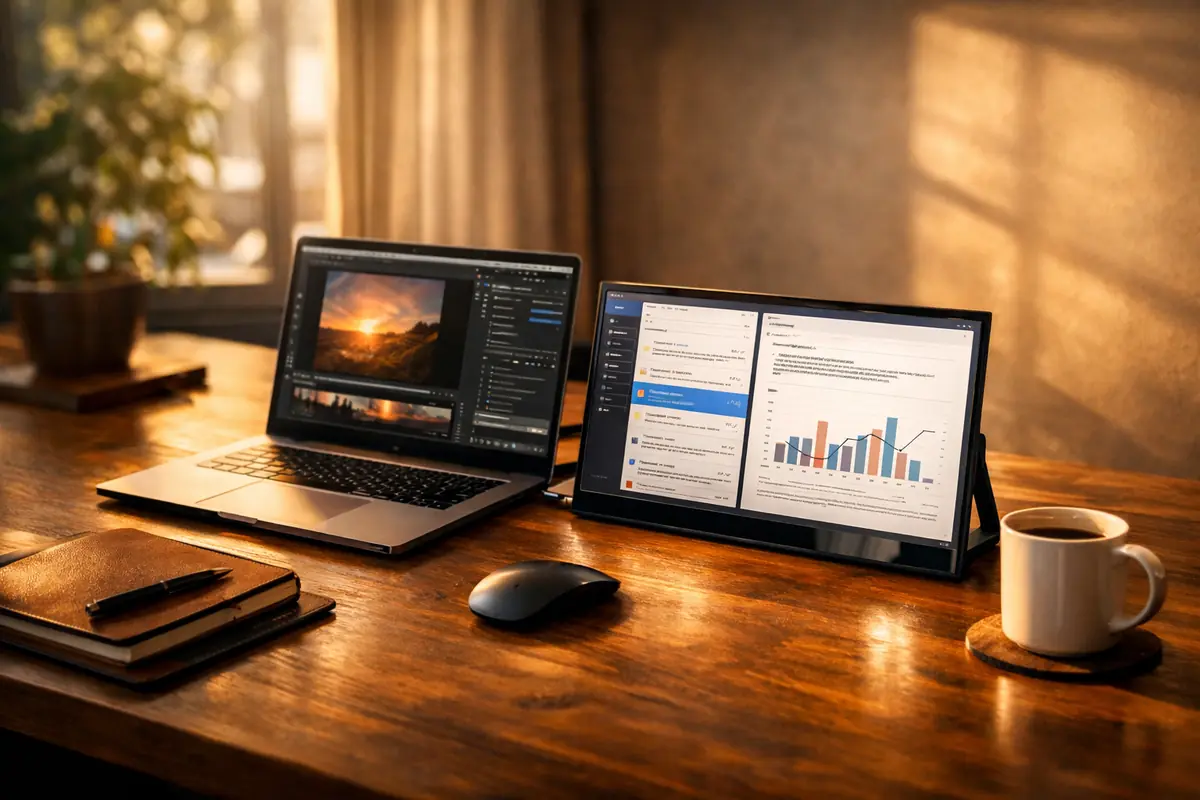 A realistic portable monitor connected to a laptop on a clean desk, extending the workspace with two screens.