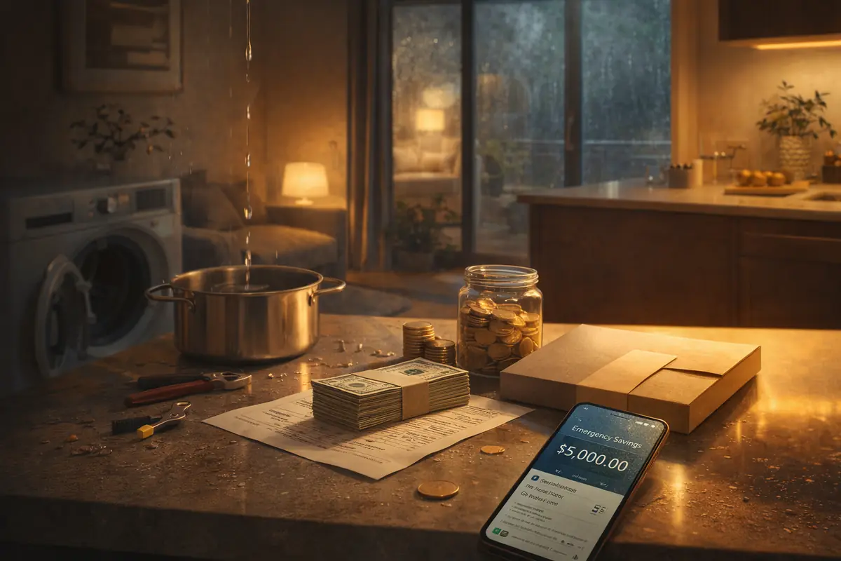 A minimalist digital illustration of a glass umbrella covering a stack of cash during a rainstorm, symbolizing financial protection and calm.