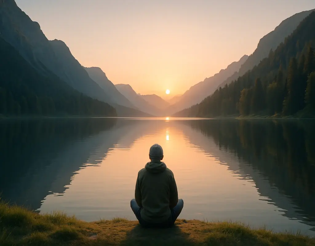 A peaceful digital illustration of a lone traveler sitting beside a calm lake surrounded by mountains during sunrise, symbolizing quiet travel and slow escapes.
