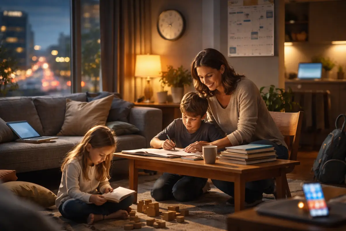 A realistic family at home sharing a calm moment together while digital devices and a busy city outside hint at the fast pace of modern life.
