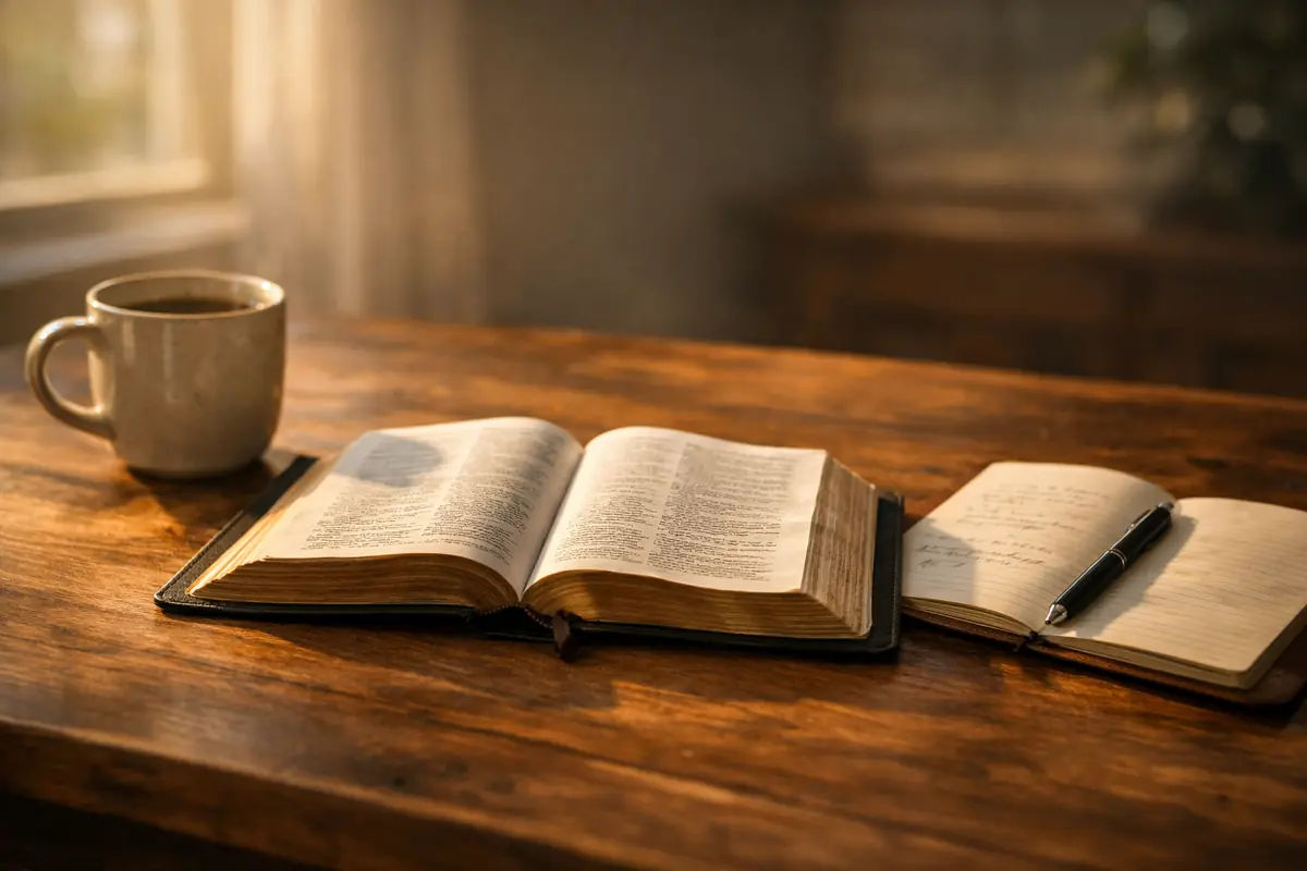 An open Bible on a wooden table beside a journal, pen, and coffee cup in soft early morning light.
