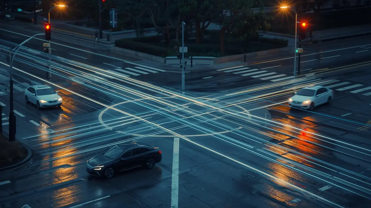 A realistic city intersection at dusk with subtle digital light signals connecting traffic lights and vehicles.