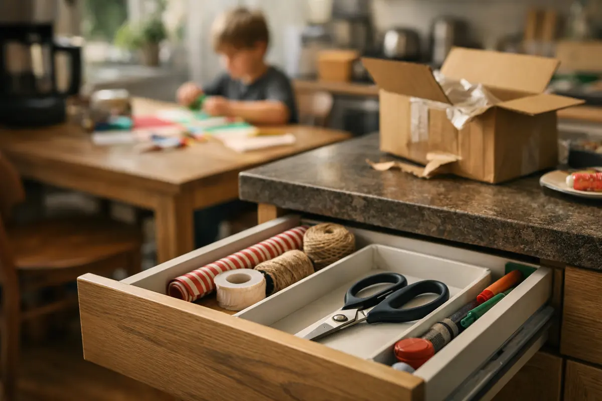 An open kitchen drawer with one good pair of scissors in focus while signs of crafts and opened packages appear in the background.