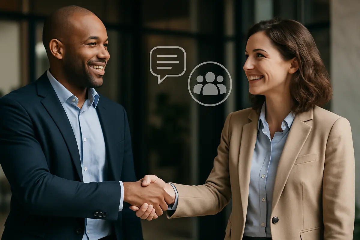 Two professionals shaking hands with icons of communication and teamwork above them.