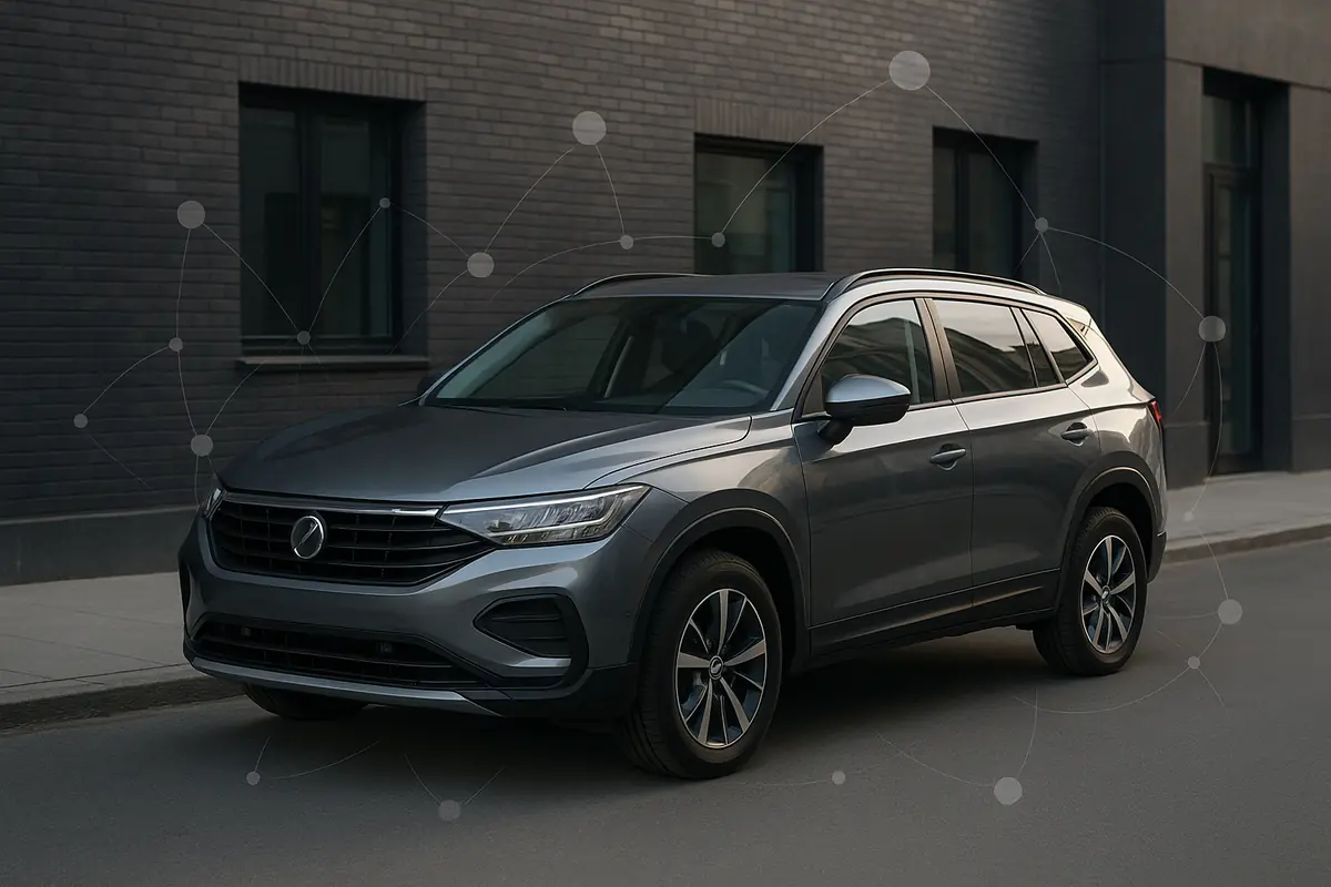 A realistic modern compact SUV parked beside a city building with a subtle digital overlay representing flexible mobility services.