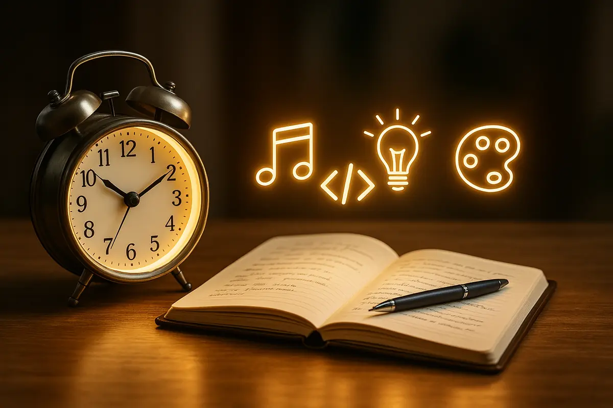 A creative digital illustration showing a glowing clock beside an open notebook with floating icons representing music, coding, and art skills, symbolizing short daily learning bursts.