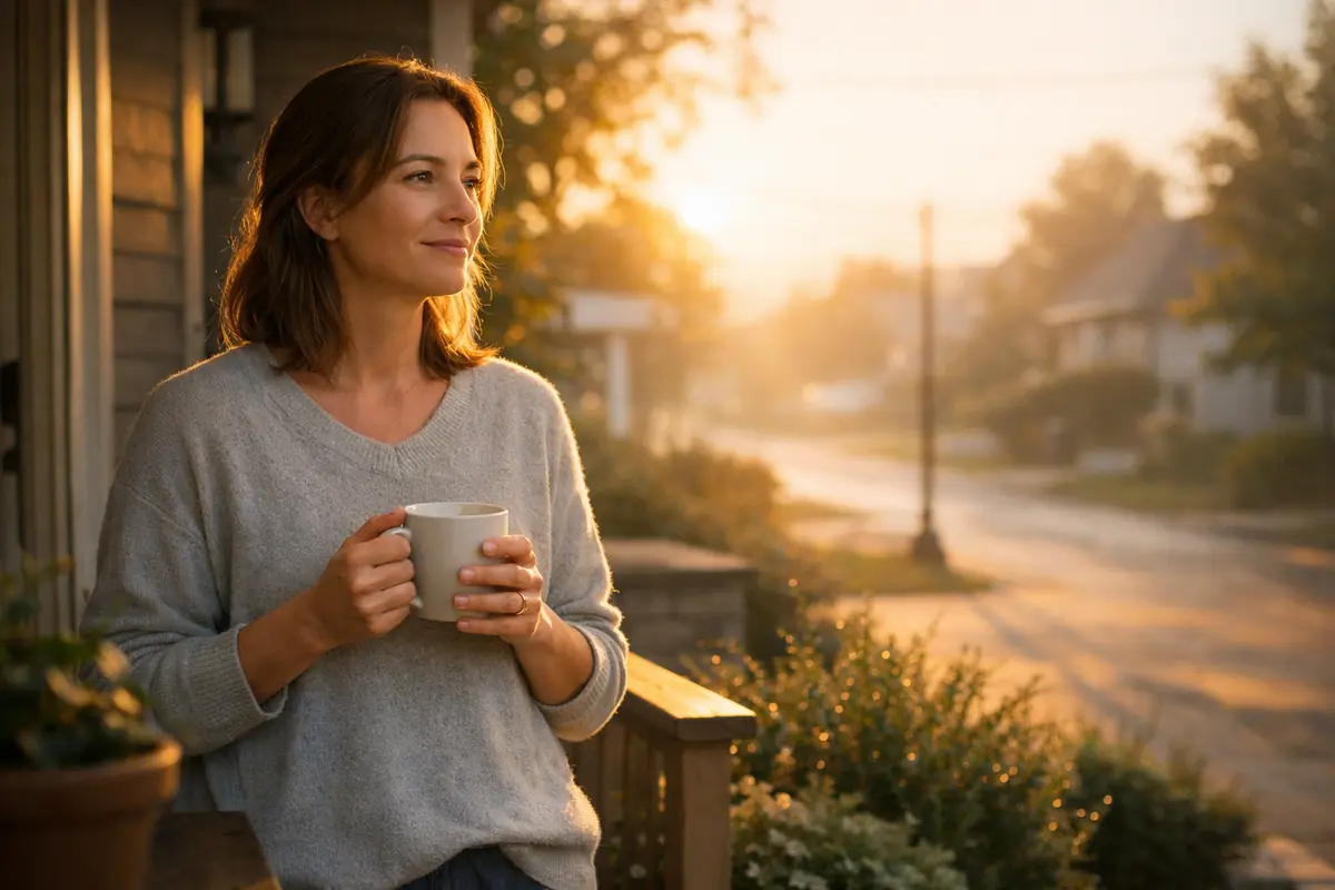 A realistic person standing outside in soft early morning light, holding coffee as sunrise illuminates a quiet street.