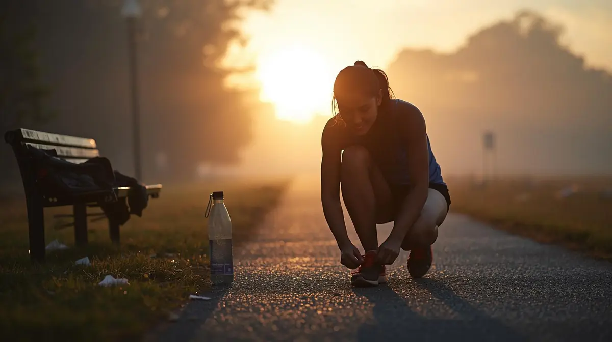 A person tying their shoes at sunrise, preparing to begin again on a quiet path.