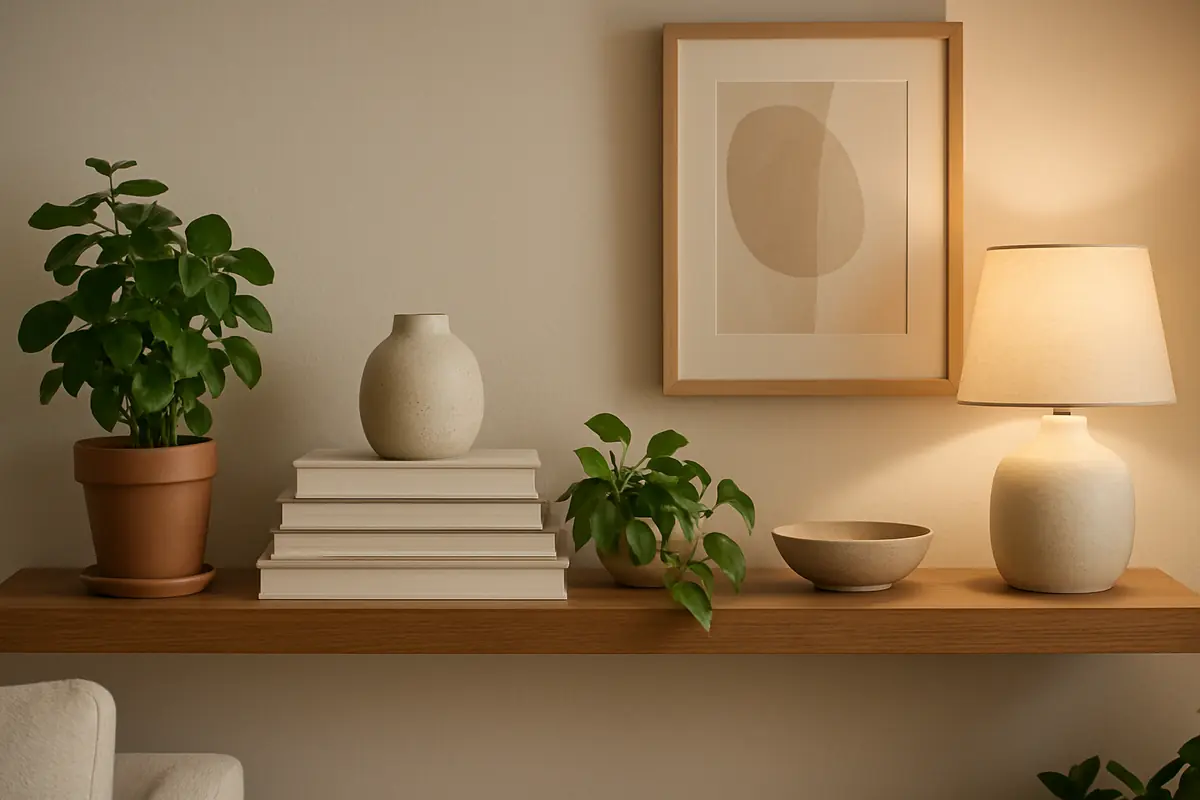 A realistic living room shelf styled with books, plants, ceramics, and soft lighting creating a balanced and curated look.