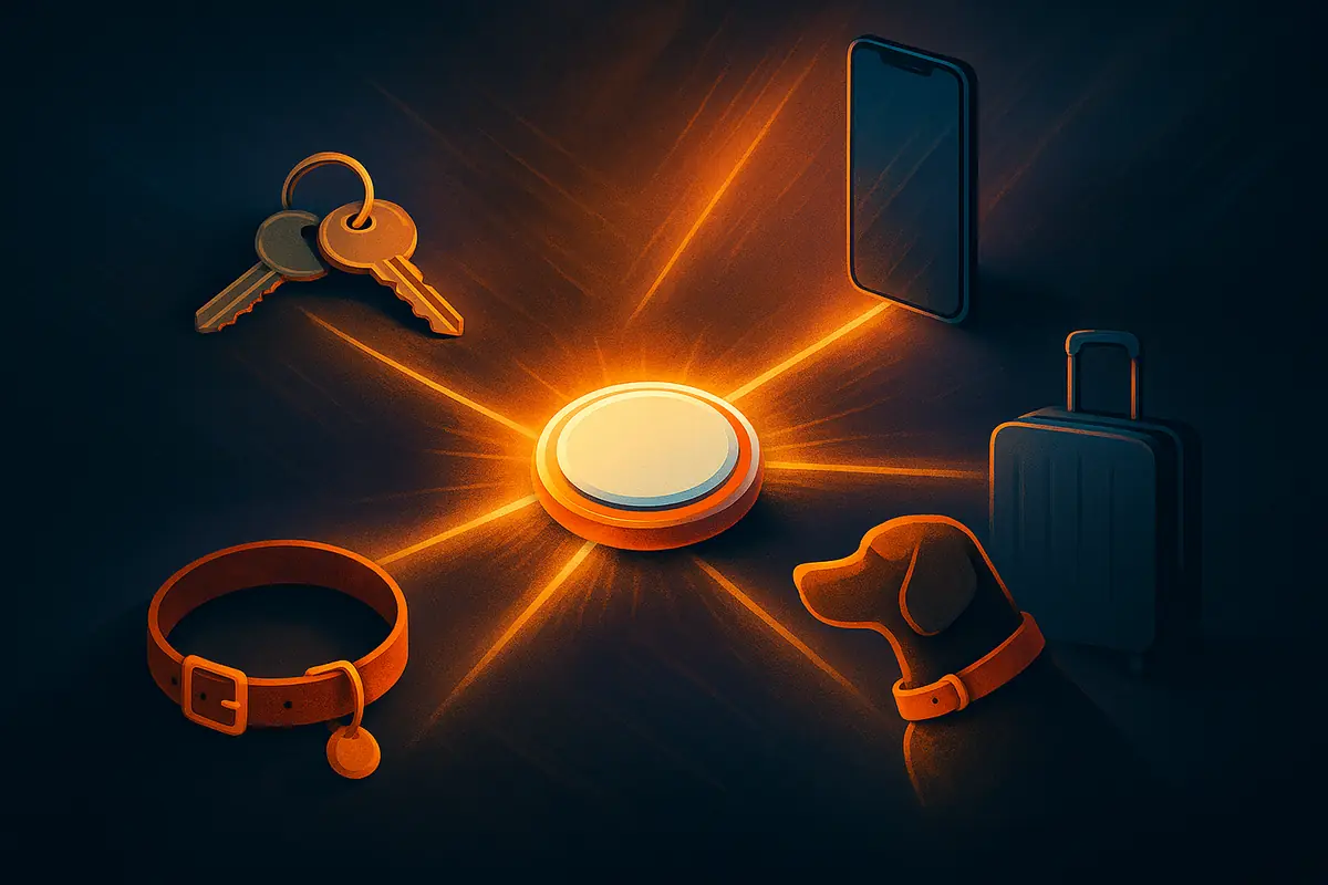 A sleek smart tag device next to keys and a smartphone, symbolizing modern tracking technology.