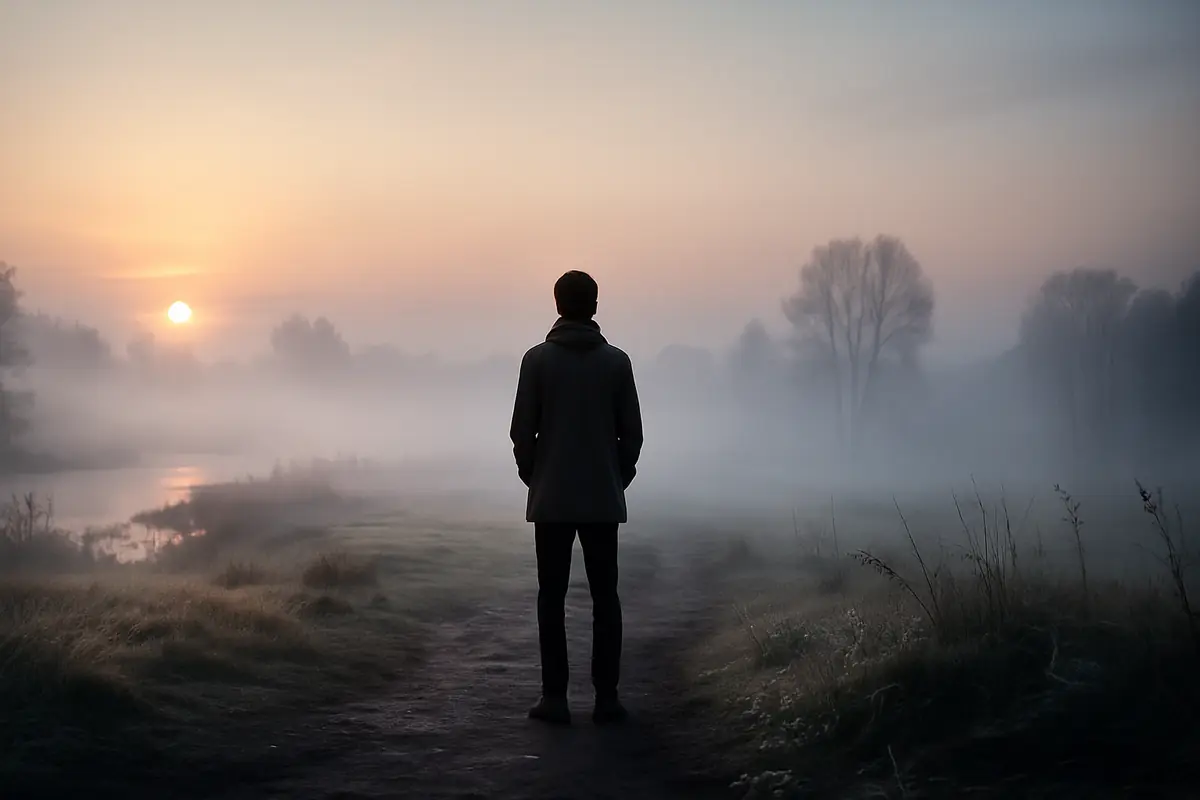 A realistic scene of a person standing alone in a quiet foggy landscape at sunrise, symbolizing the philosophical value of silence and self-reflection.