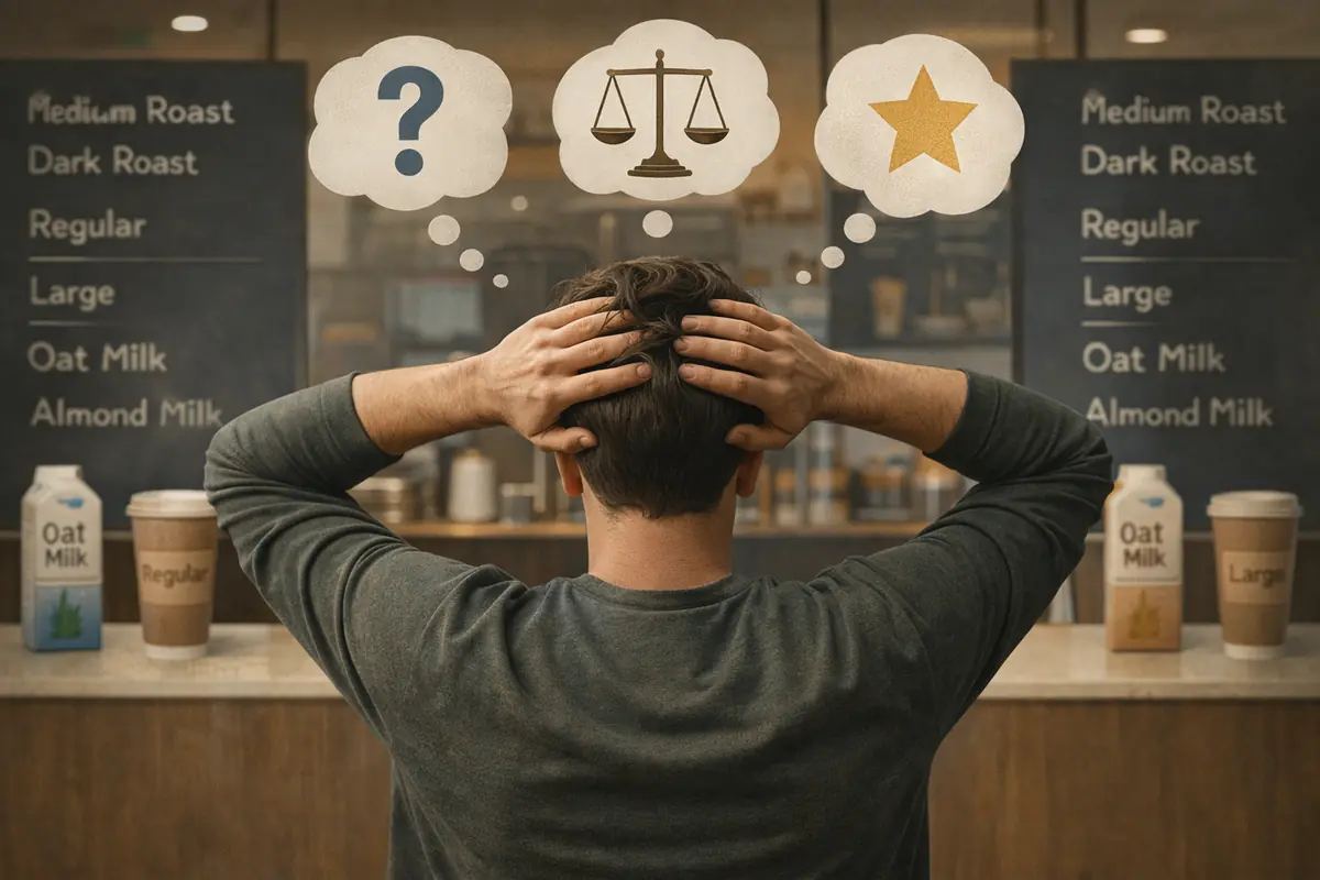 A realistic scene of a person standing in front of multiple similar choices, looking overwhelmed, symbolizing decision fatigue and overthinking.